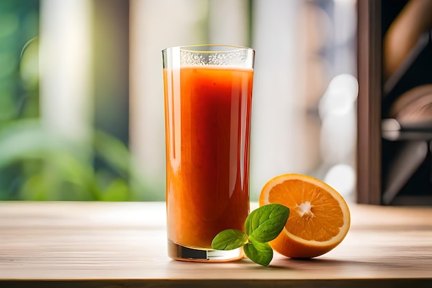 a glass of orange juice with mint leaves and a slice of orange.