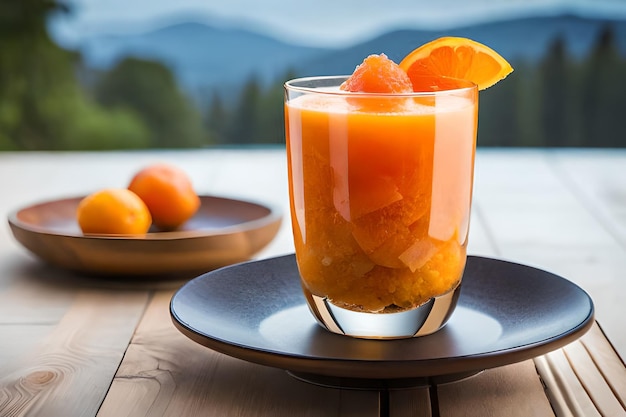 a glass of orange juice with mountains in the background