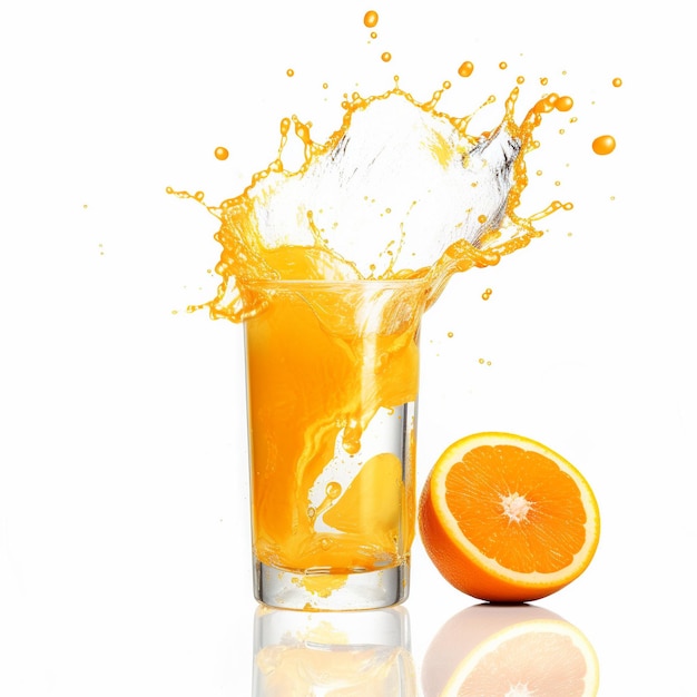 a glass of orange juice with an orange in the background