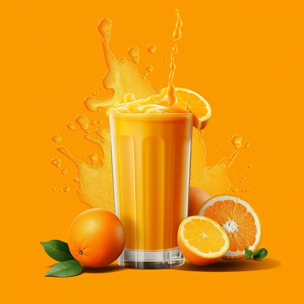 a glass of orange juice with orange juice and oranges on the bottom