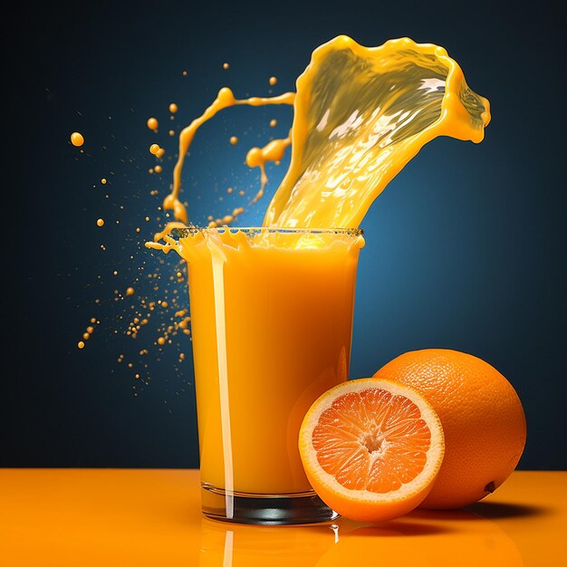 a glass of orange juice with orange juice pouring into it