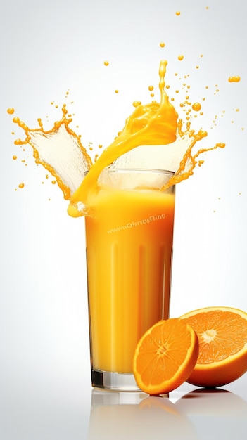 a glass of orange juice with orange juice splashing out
