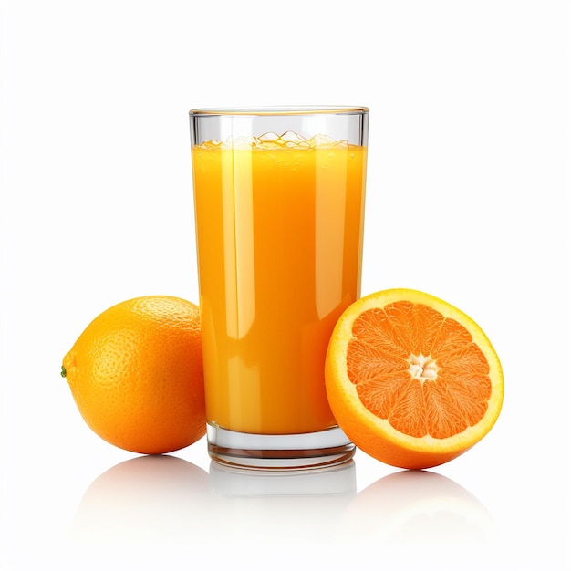 Стакан апельсинового сока с апельсином на боку.