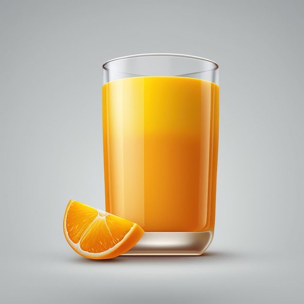 A glass of orange juice with an orange slice next to it.