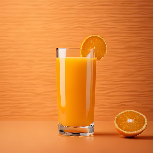 중간에 오렌지 조각이 있는 오렌지 주스 한 잔