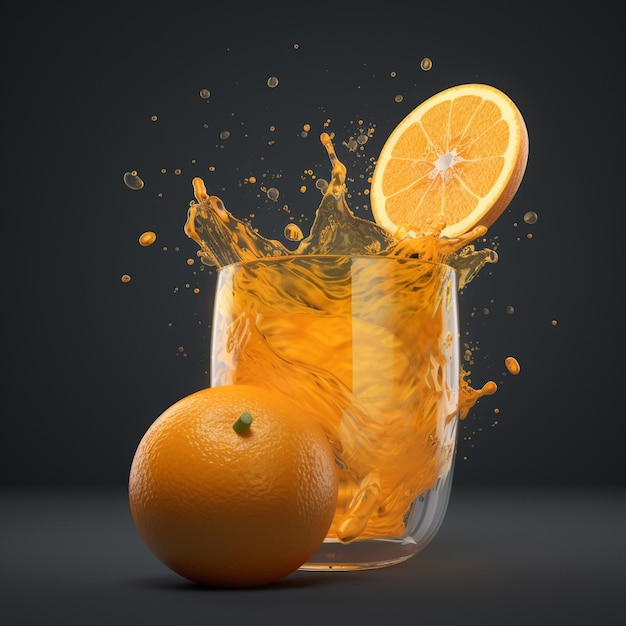 A glass of orange juice with an orange and a slice of orange.