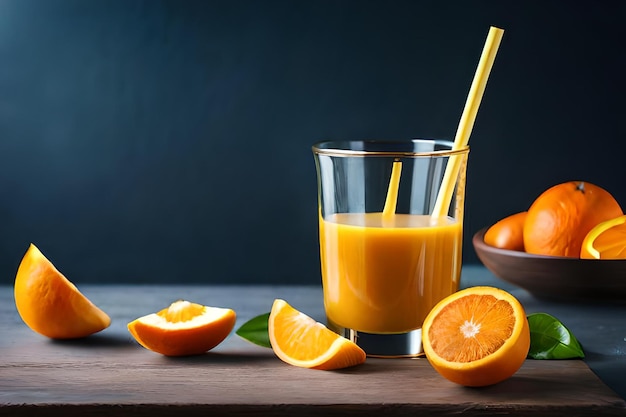 A glass of orange juice with orange slices on a table.