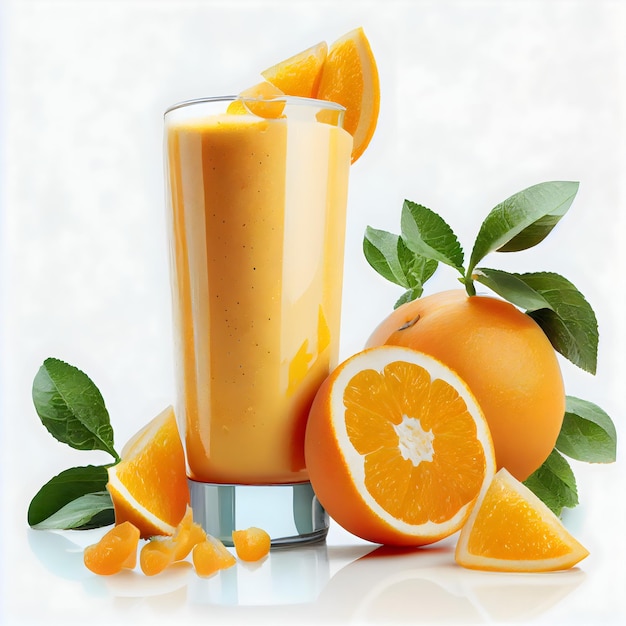 Стакан апельсинового сока с апельсинами и несколькими зелеными листьями.
