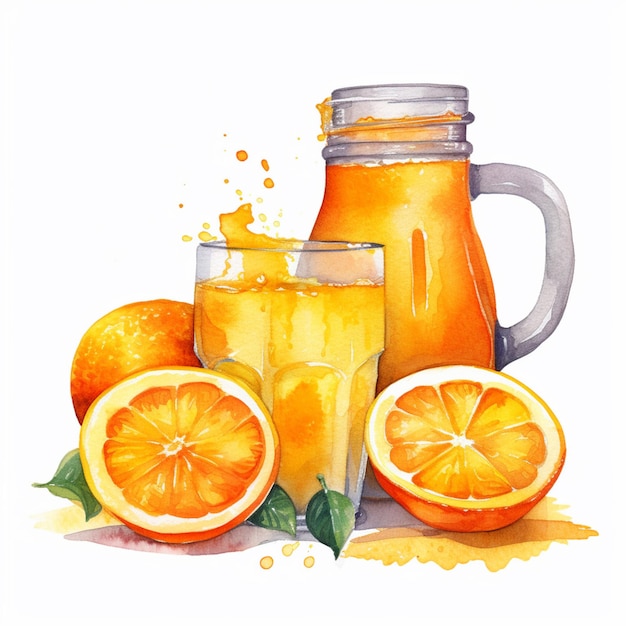 A glass of orange juice with oranges and a glass of orange juice.