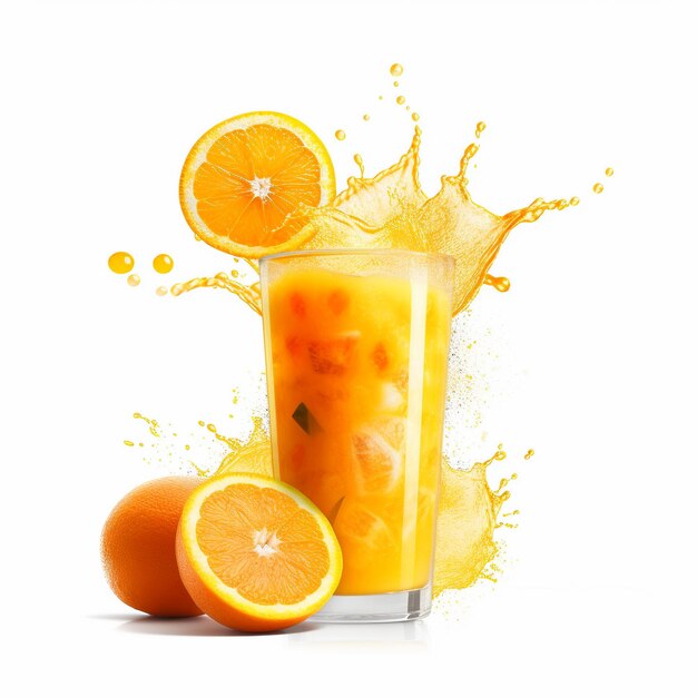 a glass of orange juice with oranges and oranges on it