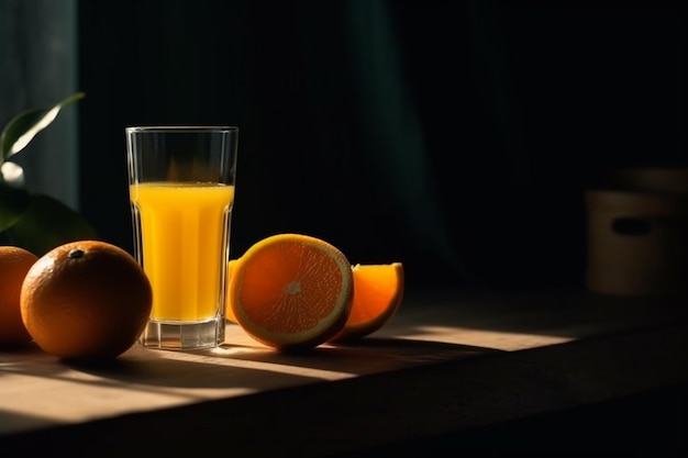 A glass of orange juice with the oranges on the table.