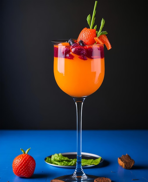 A glass of orange juice with a plate of strawberries on a blue table.