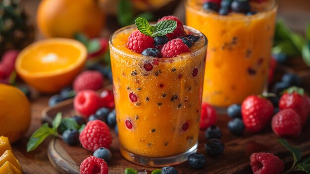 Photo a glass of orange juice with raspberries and raspberries on the side