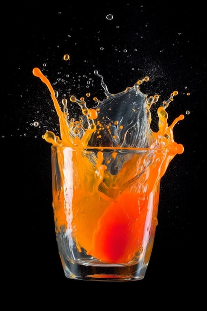 A glass of orange juice with a red fruit splashing in it.