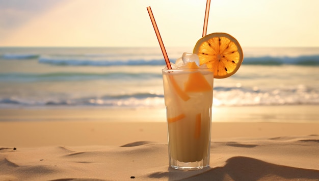 a glass of orange juice with a slice of lemon on it on the beach