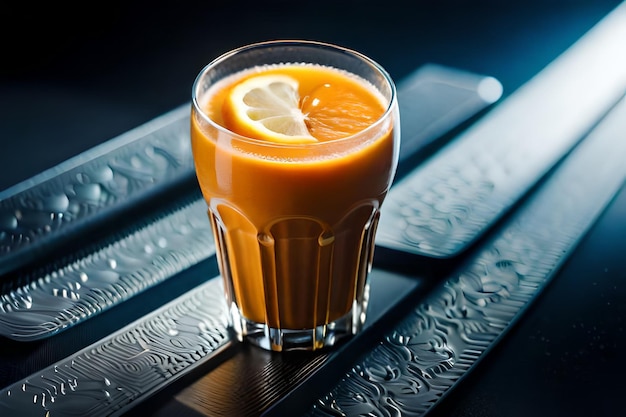 Photo a glass of orange juice with a slice of lemon on it