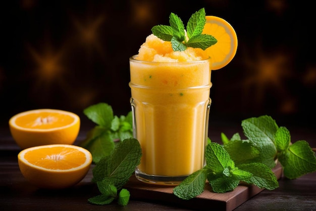 A glass of orange juice with a slice of lemon and mint leaves.