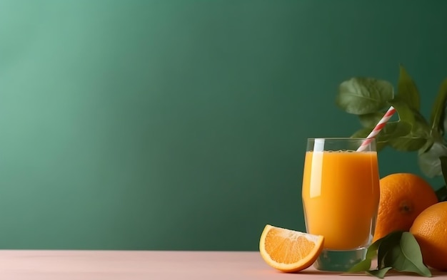 テーブルの上にレモンのスライスが入ったオレンジジュースのグラス