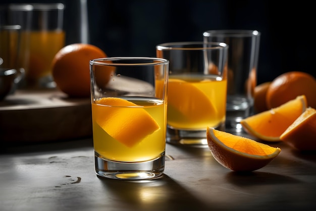 A glass of orange juice with a slice of orange on the side.