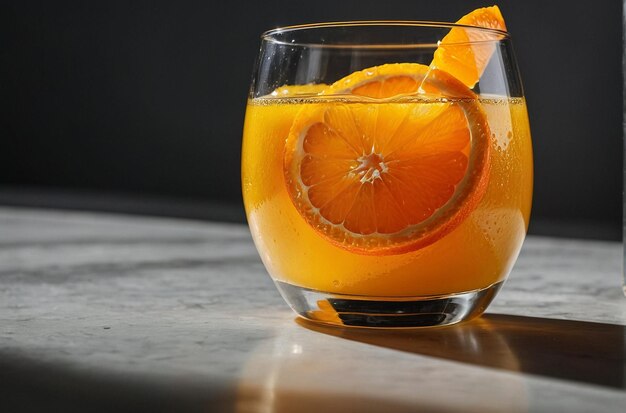 A glass of orange juice with a slice of orange on the