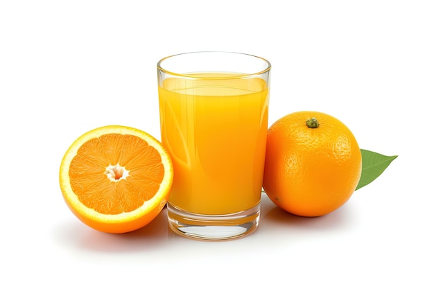 A glass of orange juice with sliced orange isolated on white background