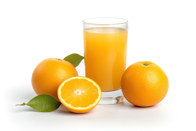 A glass of orange juice with sliced orange isolated on white background