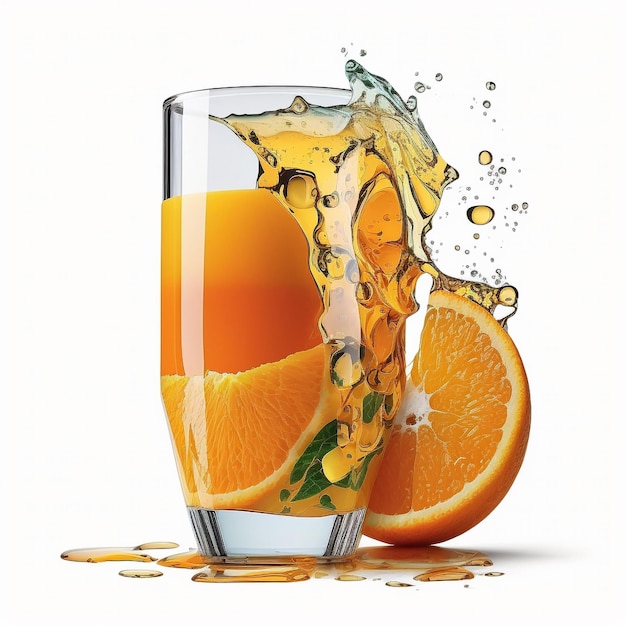 A glass of orange juice with a splash of orange juice.