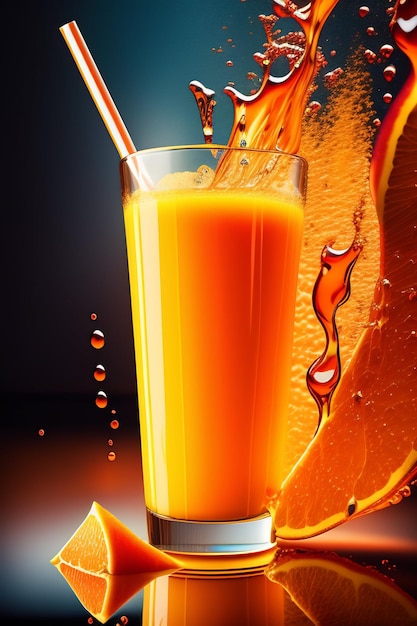 A glass of orange juice with a splash of orange juice.