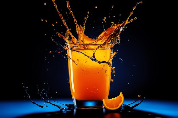 A glass of orange juice with splashes and a slice of orange nearby on a black background closeup