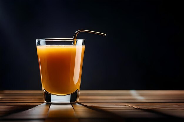 a glass of orange juice with a spoon in it and a straw in it.