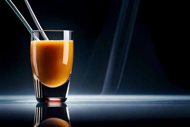 a glass of orange juice with a spoon in it