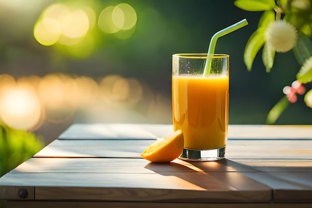 a glass of orange juice with a straw in the background