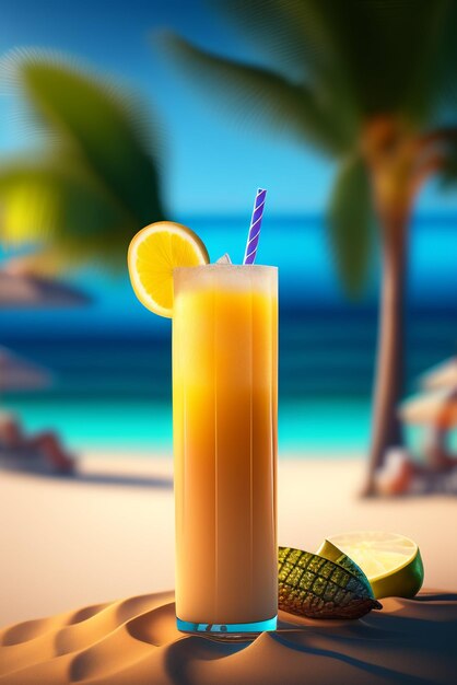 A glass of orange juice with a straw on the beach