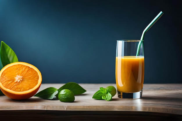 A glass of orange juice with a straw and a half of an orange on a table.