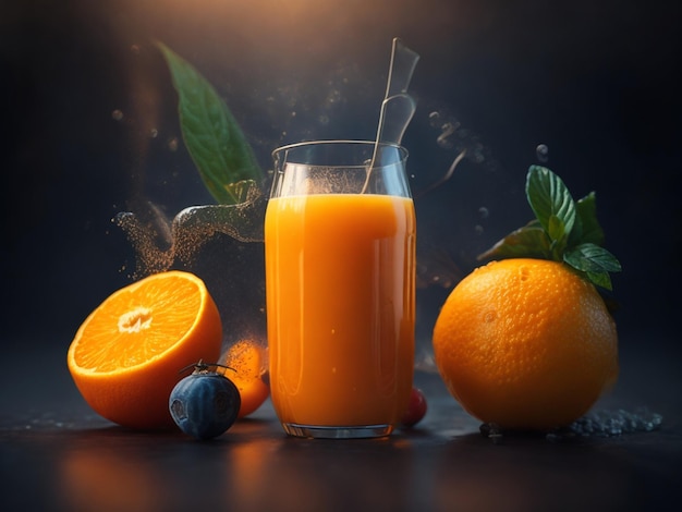 A glass of orange juice with a straw is surrounded by blueberries and oranges.