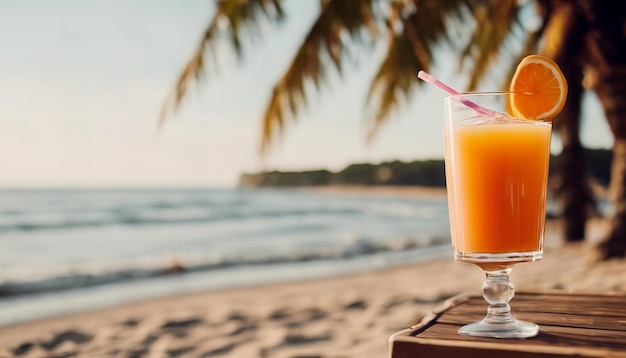 glass of orange juice with a straw in it is sitting on a table on a beach