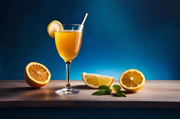 A glass of orange juice with a straw in it and a slice of lime on the table