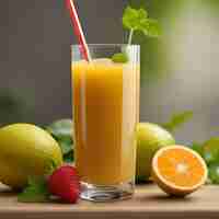 Photo a glass of orange juice with a straw in it and a straw