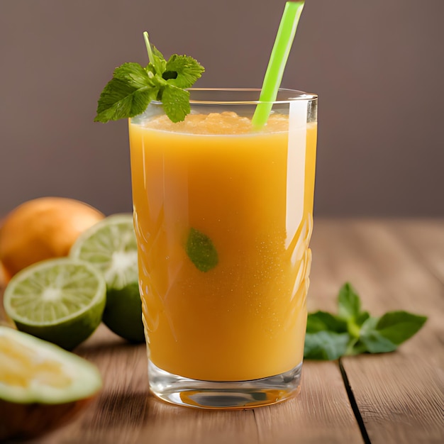 стакан апельсинового сока с соломинкой в нем и соломинкой