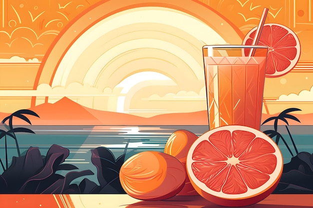 オレンジ ジュースのグラスとストローの横に夕日を背景に
