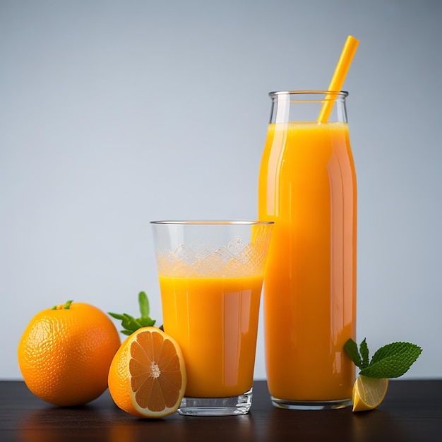 A glass of orange juice with a straw next to it