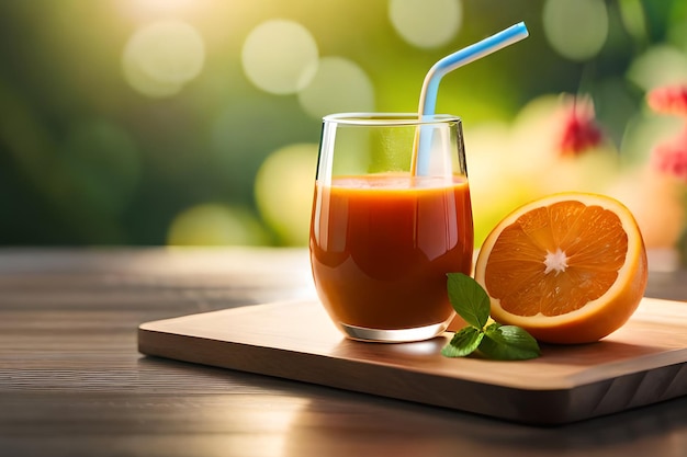 A glass of orange juice with a straw next to it