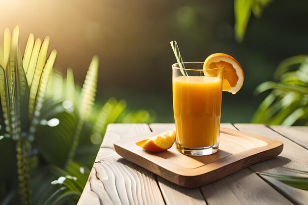 a glass of orange juice with a straw in it