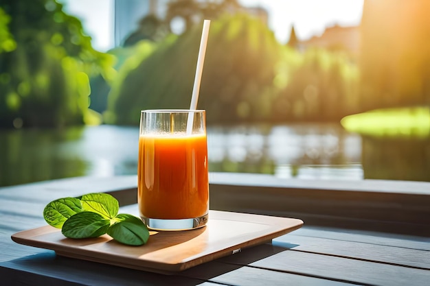 a glass of orange juice with a straw in it