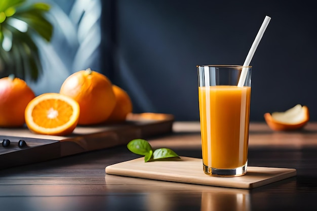 A glass of orange juice with a straw sits on a table next to a cutting board with a bowl of oranges