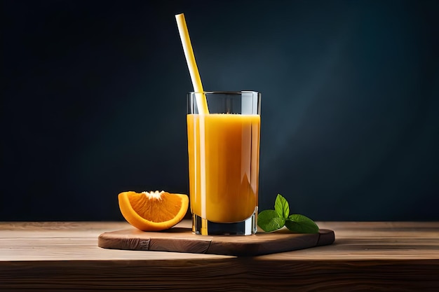 A glass of orange juice with a straw and a slice of orange on a wooden board.