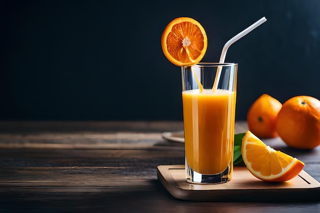 Стакан апельсинового сока с соломинкой и соломинкой сбоку.
