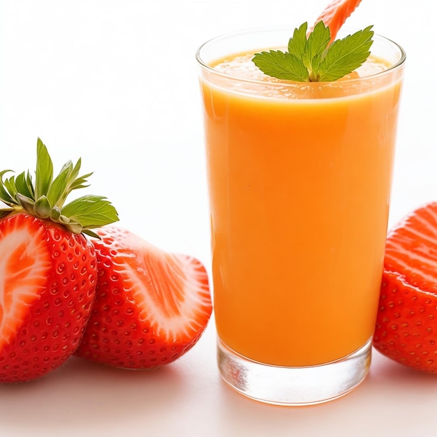 A glass of orange juice with a strawberry on the side