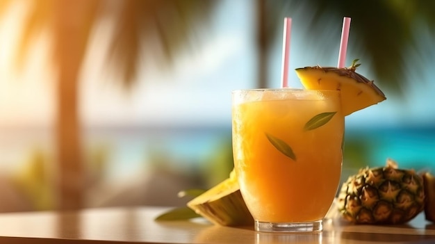 A glass of orange juice with straws and pineapple slices Generative AI Art