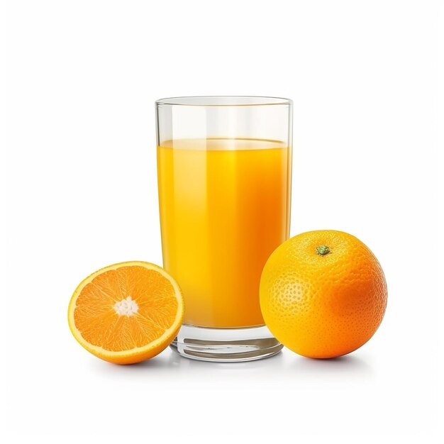 A glass of orange juice with two oranges next to it.